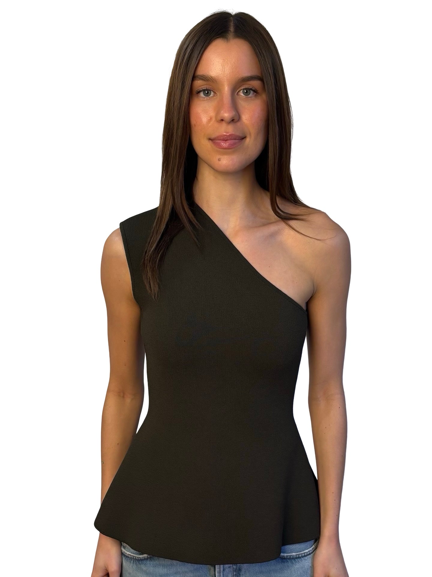 Scanlan Theodore Khaki Asymmetrical Shoulder Crepe Knit Tank. Size: M