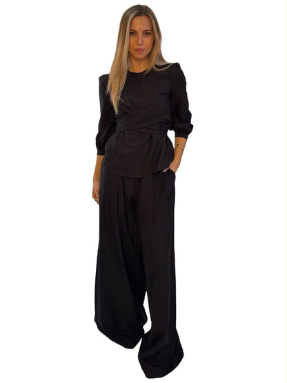 Zimmermann Black Silk Front Wrap Blouse & Pant Set. Size: 1
