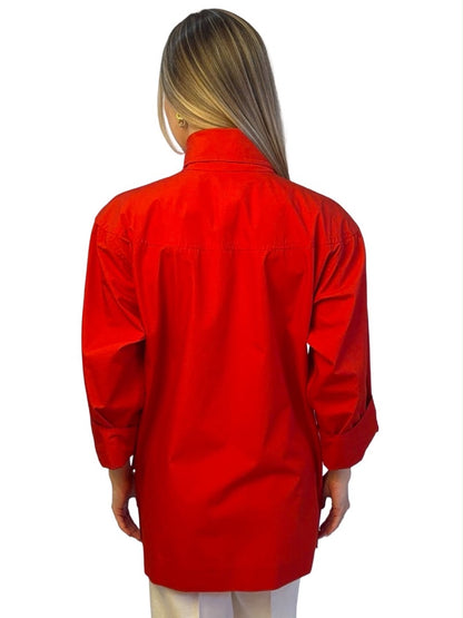 Celine Red Vintage Utility Shirt / Dress W Gold Logo Buttons. Size: M