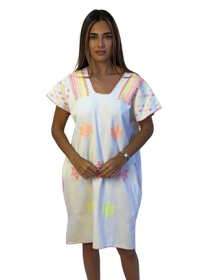 Pippa Holt White / Multi-Colour Star Embroidered Poncho. Size: OS