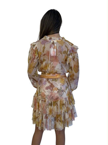 Zimmermann Orange/Multi Floral 'Tempo Tiered Frill' Mini Dress W Slip & Silk Tie. Size: 1