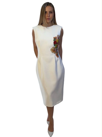 Rachel Gilbert White Floral 'Evie' Beaded Midi Dress. Size: 14