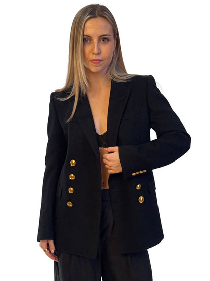 Celine Black SS19 Double Breasted Wool Blazer W Gold Buttons. Size: 10