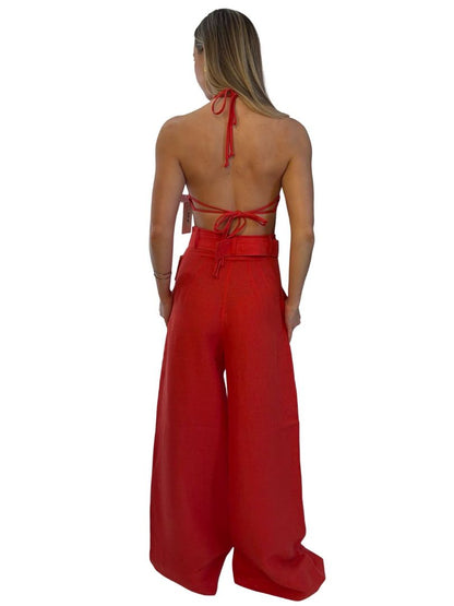 Matthew Bruch Red Coral Linen Halter Top / Pant Set. Size: 8-10