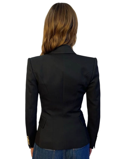 Balmain Black Single Breasted Gold Button Wool Blazer W Shoulder Pads. Size: 34