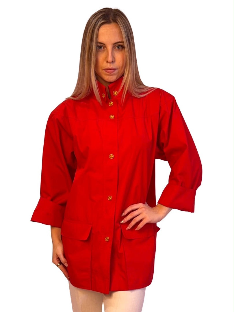 Celine Red Vintage Utility Shirt / Dress W Gold Logo Buttons. Size: M