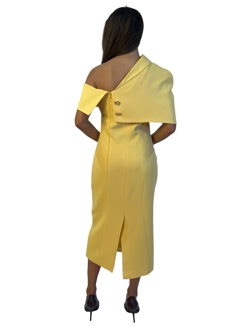 Carla Zampatti Yellow 'Draped Collar' Dress. Size: 6