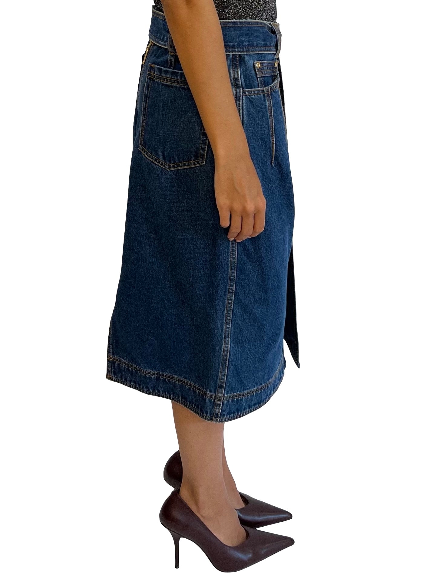 Aje Blue Wash Denim Skirt W Gold Buttons. Size: 10