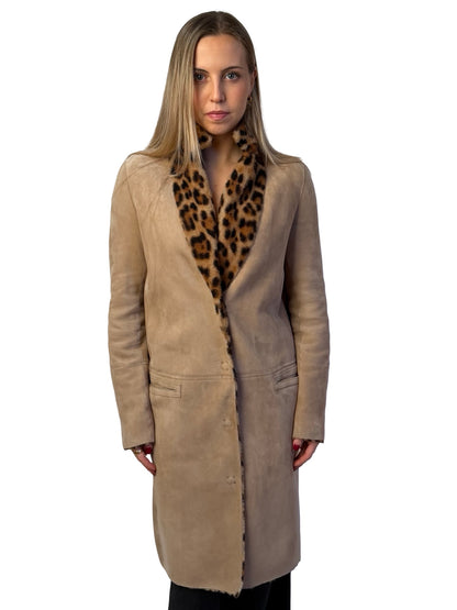 Yves Salomon Leopard Reversible Lamb Leather Coat. Size: 36