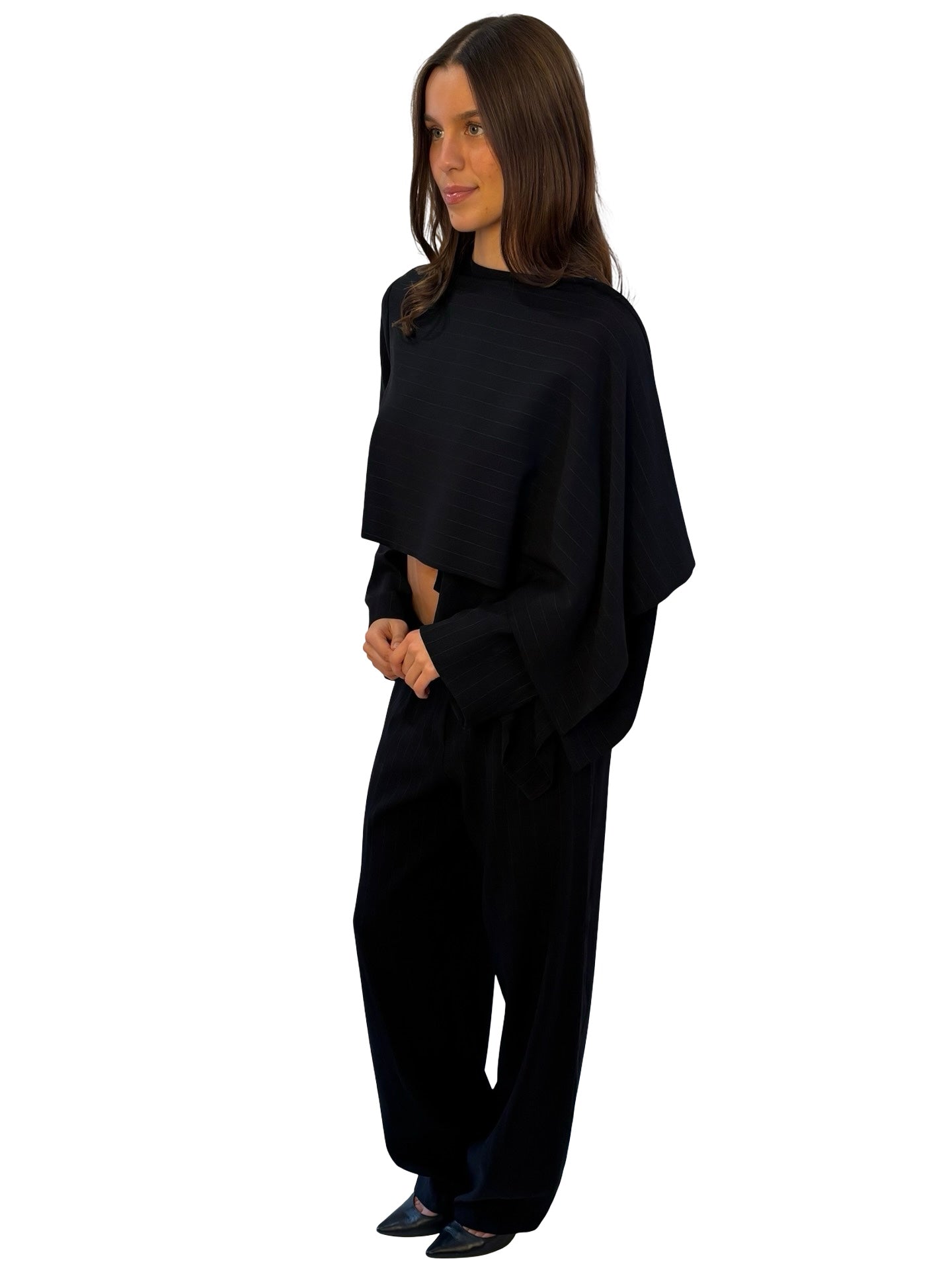 Giorgio Armani Deep Navy Pinstripe Cape / Pant Set W Matching Belt. Size: 42
