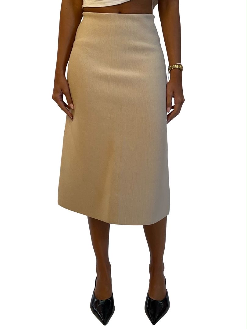 Scanlan Theodore Beige Crepe Knit A Line Midi Skirt. Size: XS
