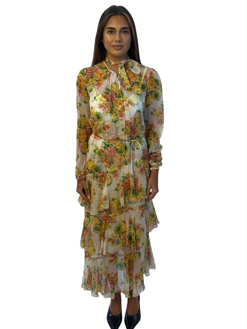 Zimmermann Green / Yellow Silk Tiered 'Citrus Stamp Floral' Dress. Size: 0