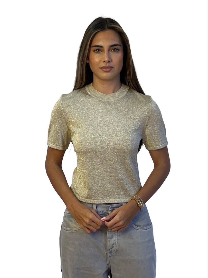 Scanlan Theodore Gold Metallic Sparkly Knit Tee. Size: M