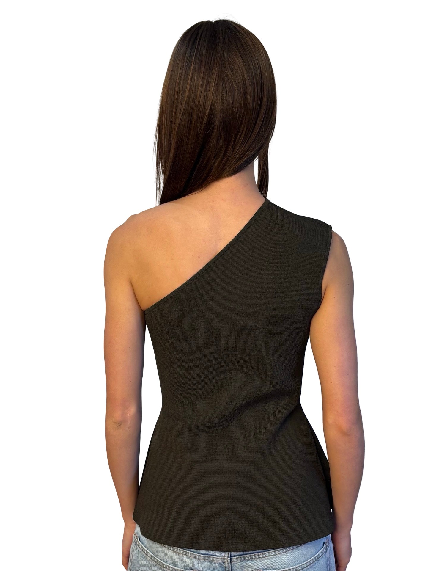 Scanlan Theodore Khaki Asymmetrical Shoulder Crepe Knit Tank. Size: M
