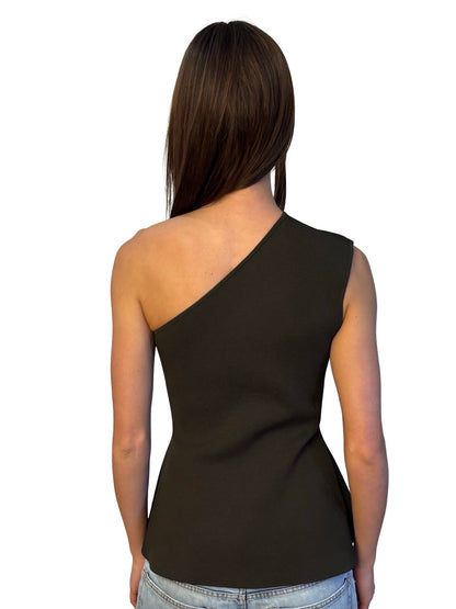Scanlan Theodore Khaki Asymmetrical Shoulder Crepe Knit Tank. Size: M
