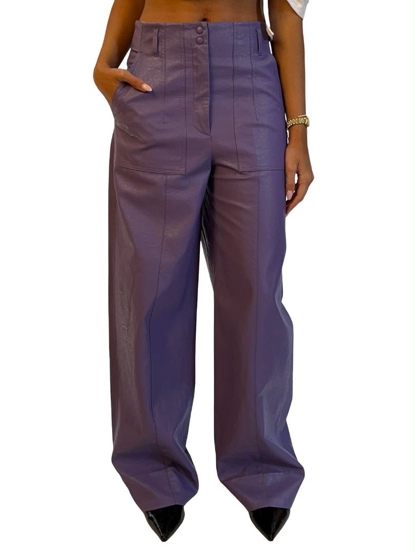 Beatrice Purple Faux Leather Wide Leg Trousers. Size: 6
