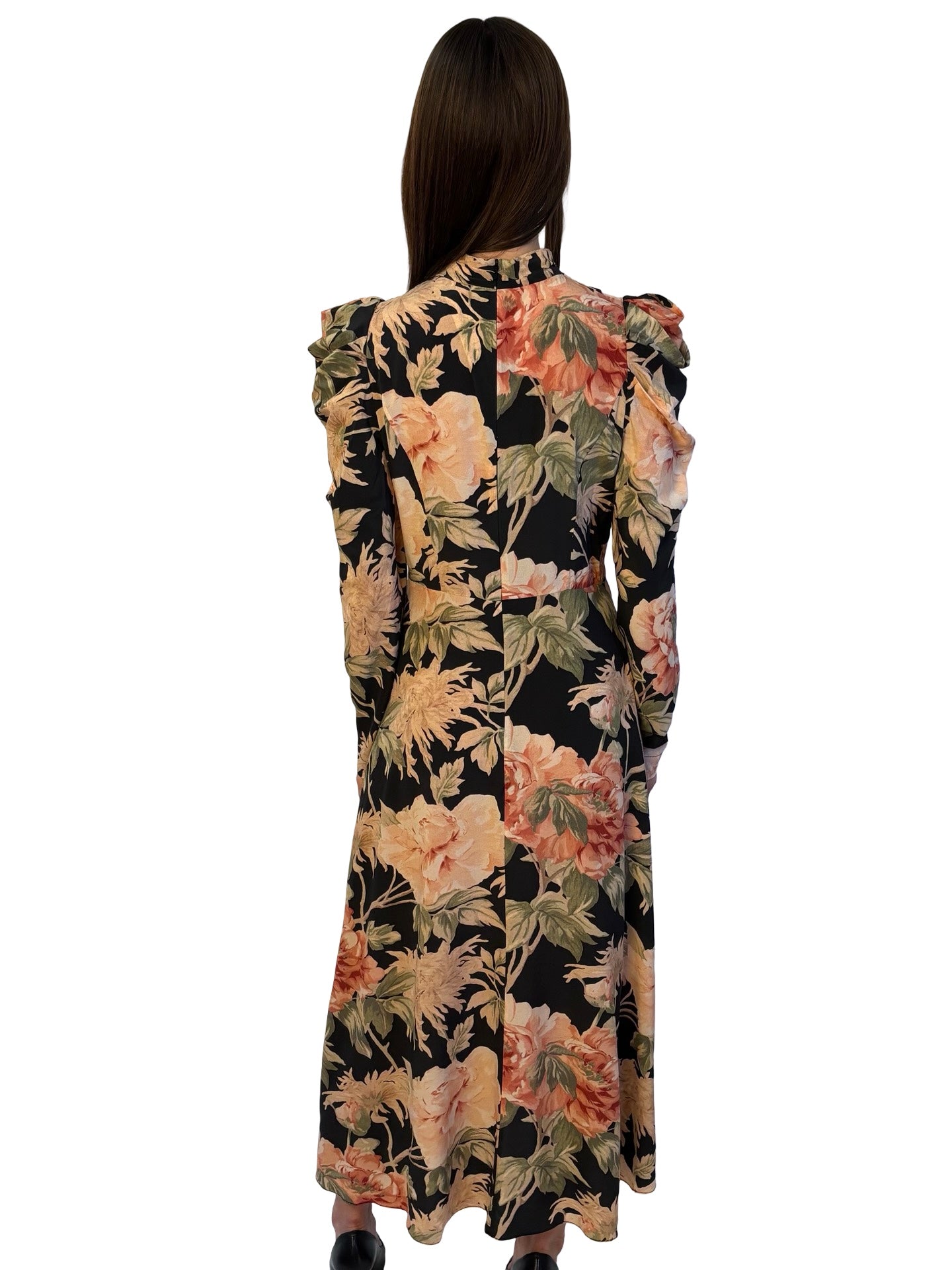 Zimmermann Black / Pink / Green Silk Floral Print Dress w/ Ruched Chest. Size: 2