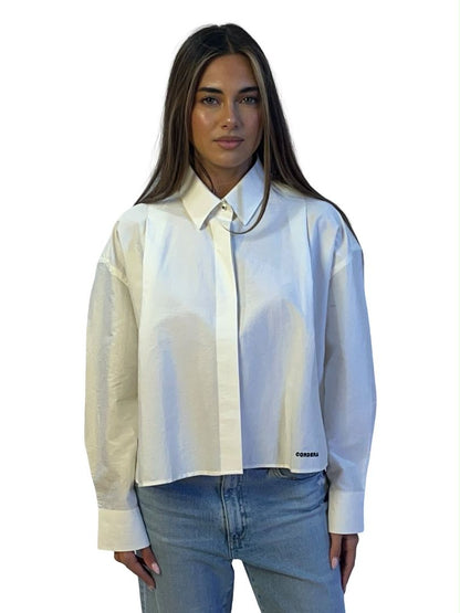 Cordera Ivory Cropped Cotton Shirt. Size: OS
