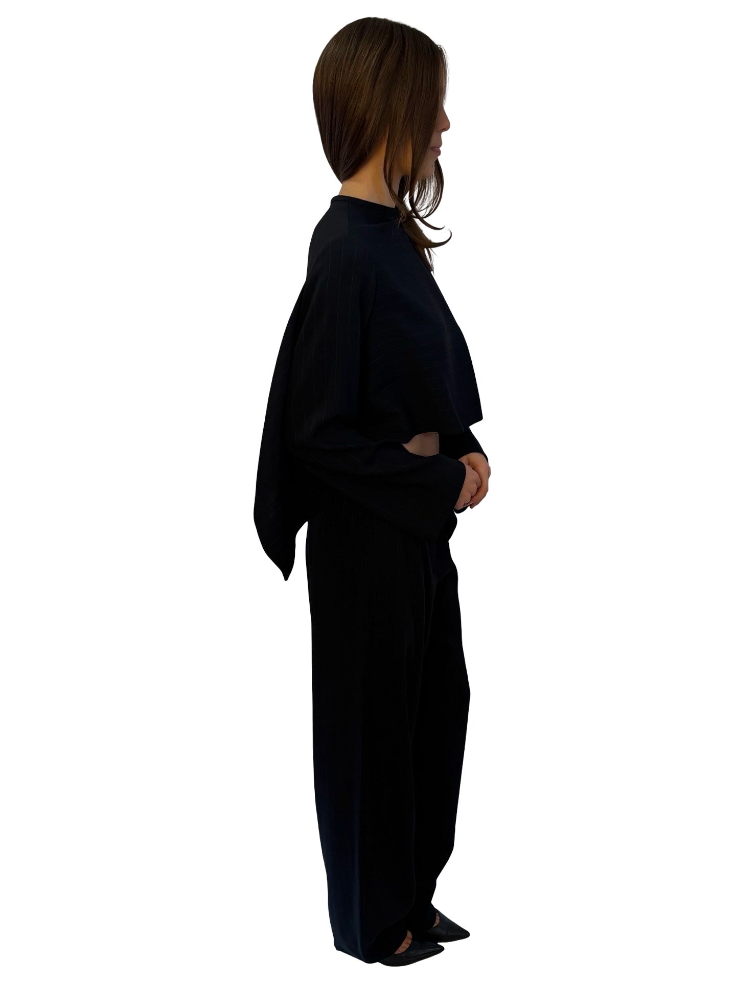 Giorgio Armani Deep Navy Pinstripe Cape / Pant Set W Matching Belt. Size: 42