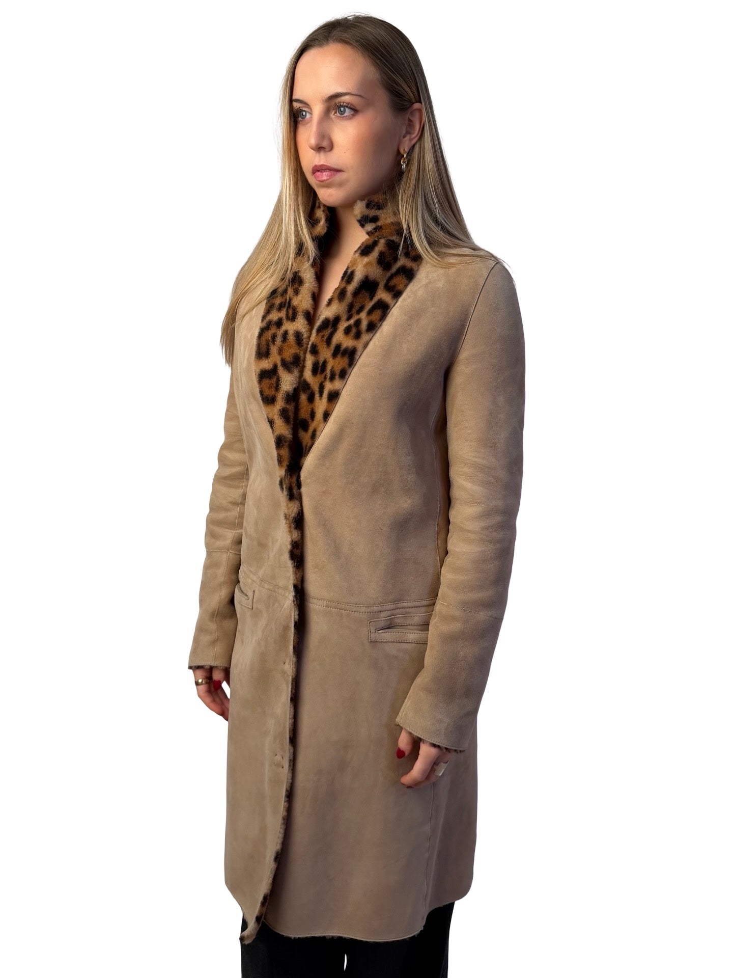 Yves Salomon Leopard Reversible Lamb Leather Coat. Size: 36