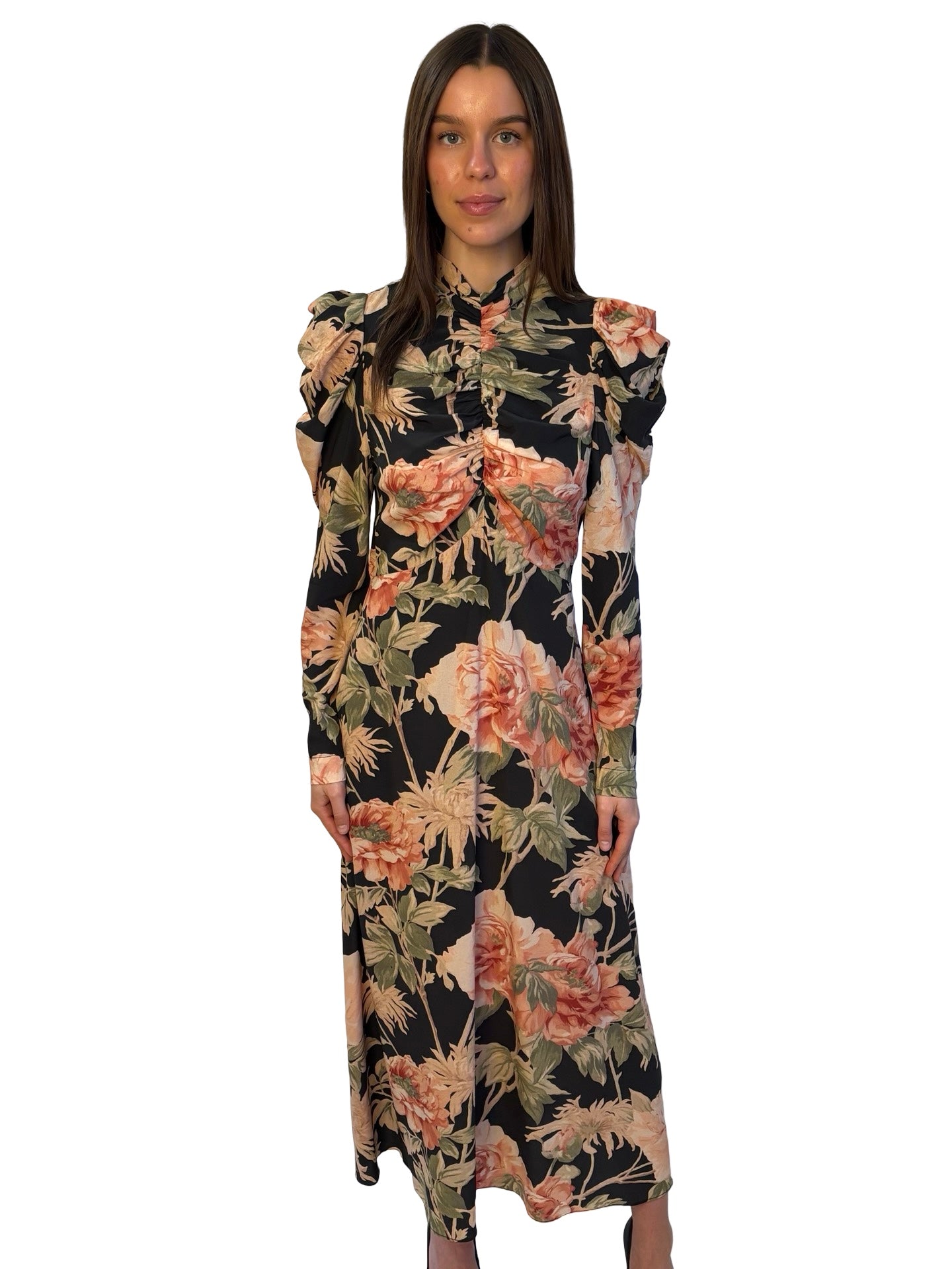 Zimmermann Black / Pink / Green Silk Floral Print Dress w/ Ruched Chest. Size: 2