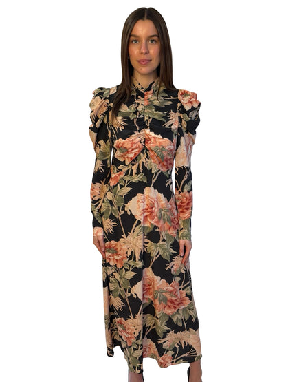 Zimmermann Black / Pink / Green Silk Floral Print Dress w/ Ruched Chest. Size: 2