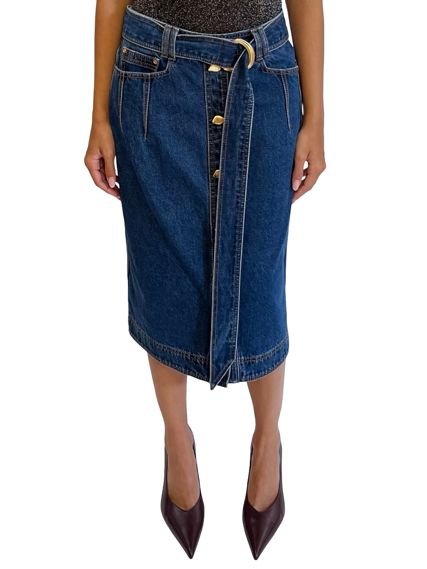 Aje Blue Wash Denim Skirt W Gold Buttons. Size: 10