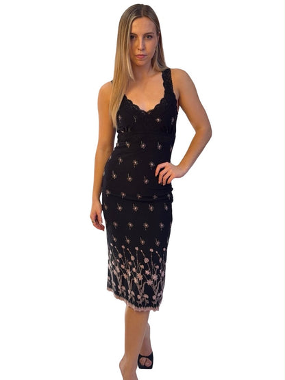 Katie Davenport Black Lace Trim Floral Print Dress. Size: 1