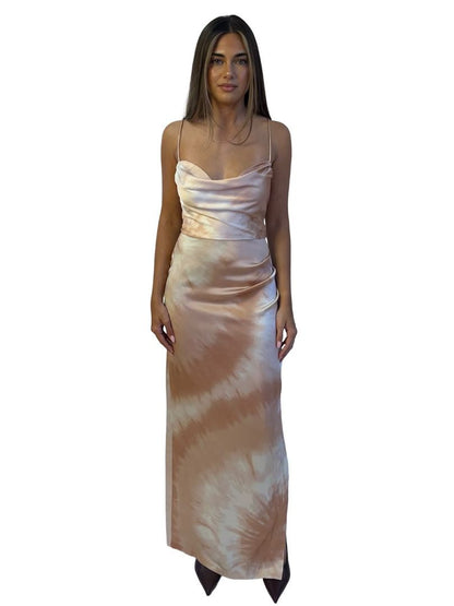 Retrofête 'Marlene' Neutral Tie Dye Silk Long Dress. Size: XS