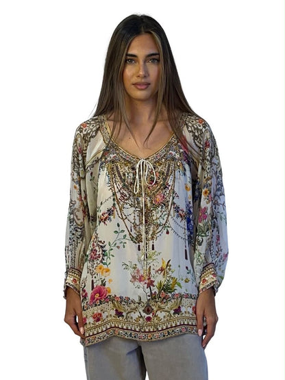 Camilla Neutral / Multi-Colour Floral Print Embellished Blouse. Size: O/S