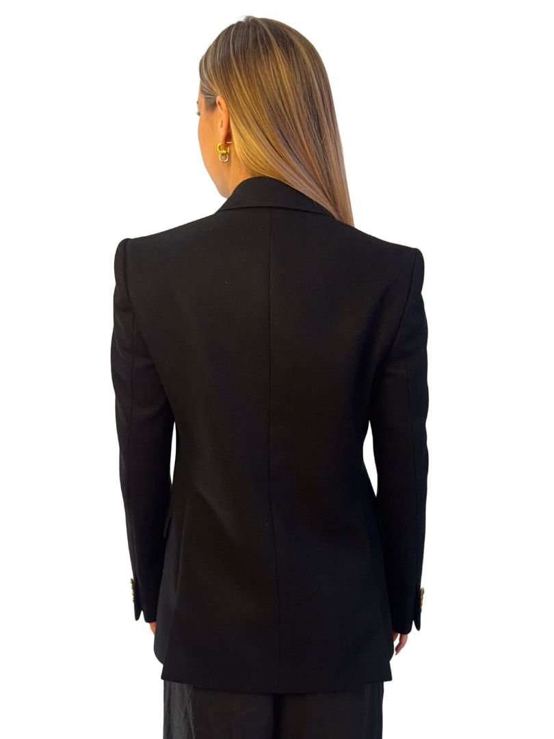 Celine Black SS19 Double Breasted Wool Blazer W Gold Buttons. Size: 10