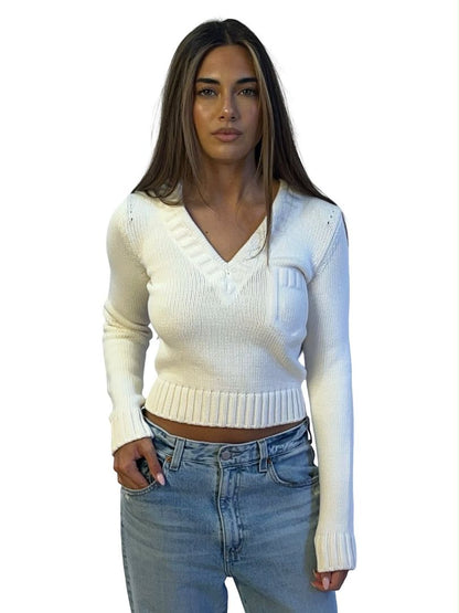 Fendi Cream V Neck Cropped Sweater. Size: 38