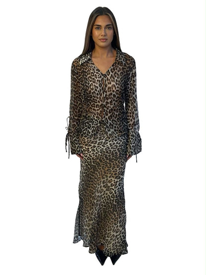 Ganni Beige Sheer Leopard Print Shirt & Skirt Set. Size: 36