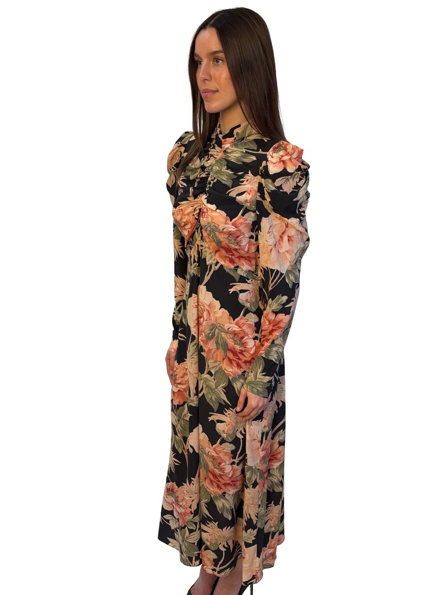 Zimmermann Black / Pink / Green Silk Floral Print Dress w/ Ruched Chest. Size: 2