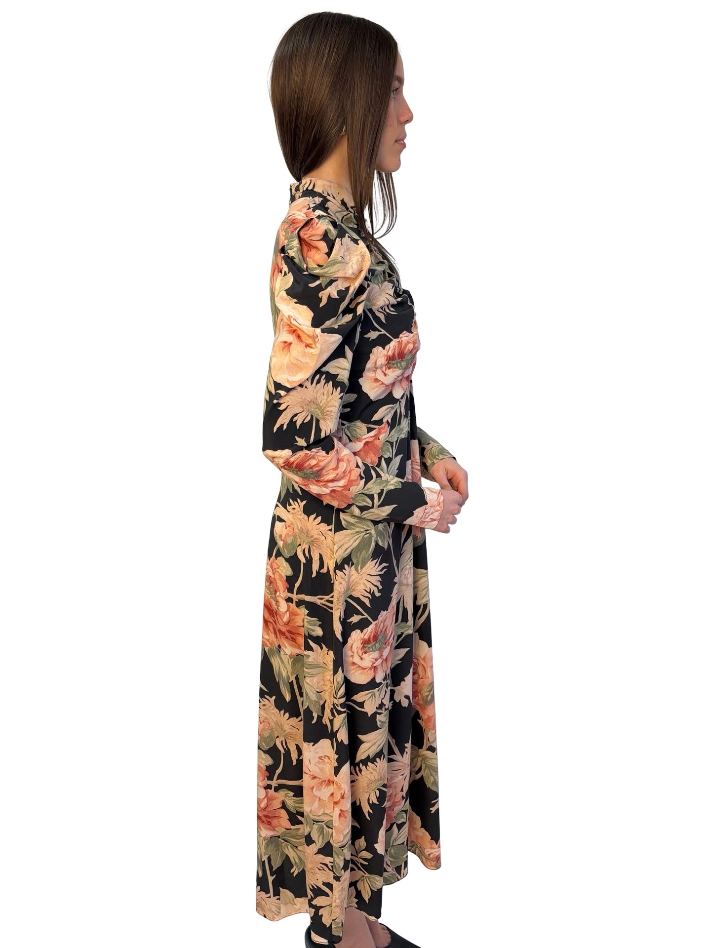 Zimmermann Black / Pink / Green Silk Floral Print Dress w/ Ruched Chest. Size: 2