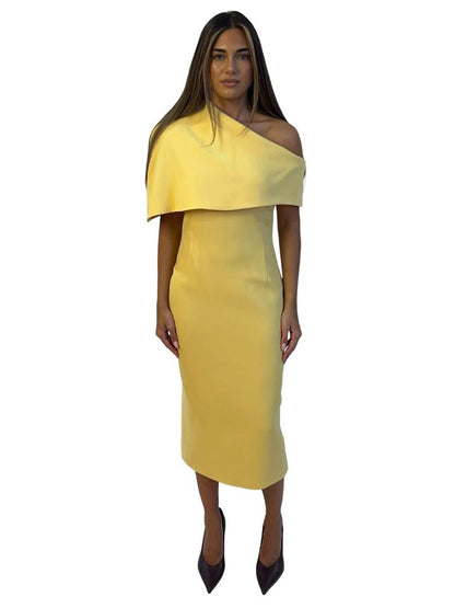 Carla Zampatti Yellow 'Draped Collar' Dress. Size: 6
