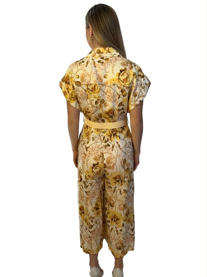 Zimmermann Yellow / Cream 'Rosa Roll Cuff' Floral Linen Jumpsuit W Belt. Size: 1