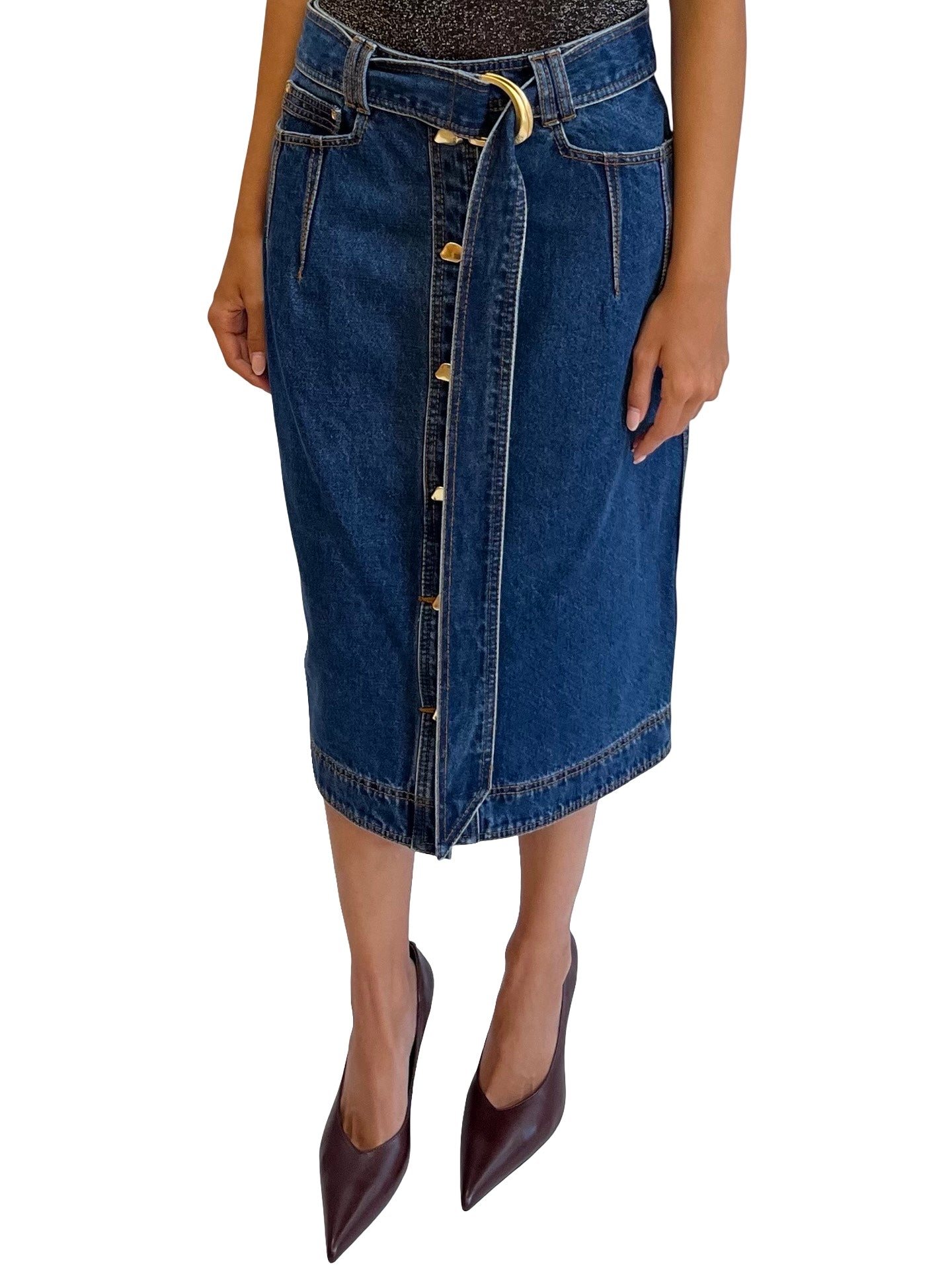 Aje Blue Wash Denim Skirt W Gold Buttons. Size: 10