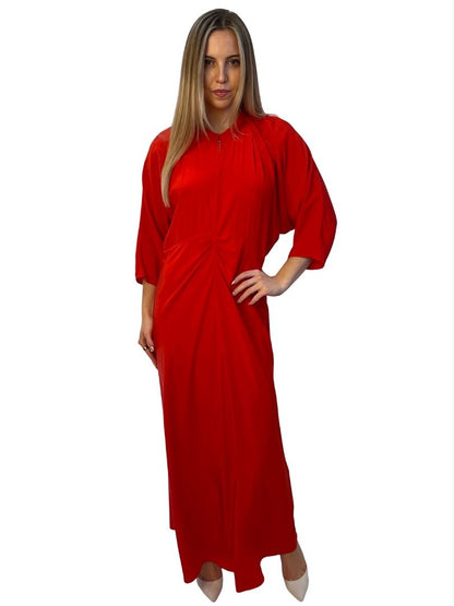 Oroton Red Silk Slit Front Dress w/ Ruching. Size: 14