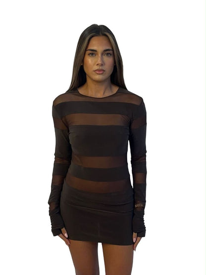 Norma Kamali Brown Mesh Stripe Mini Dress. Size: S