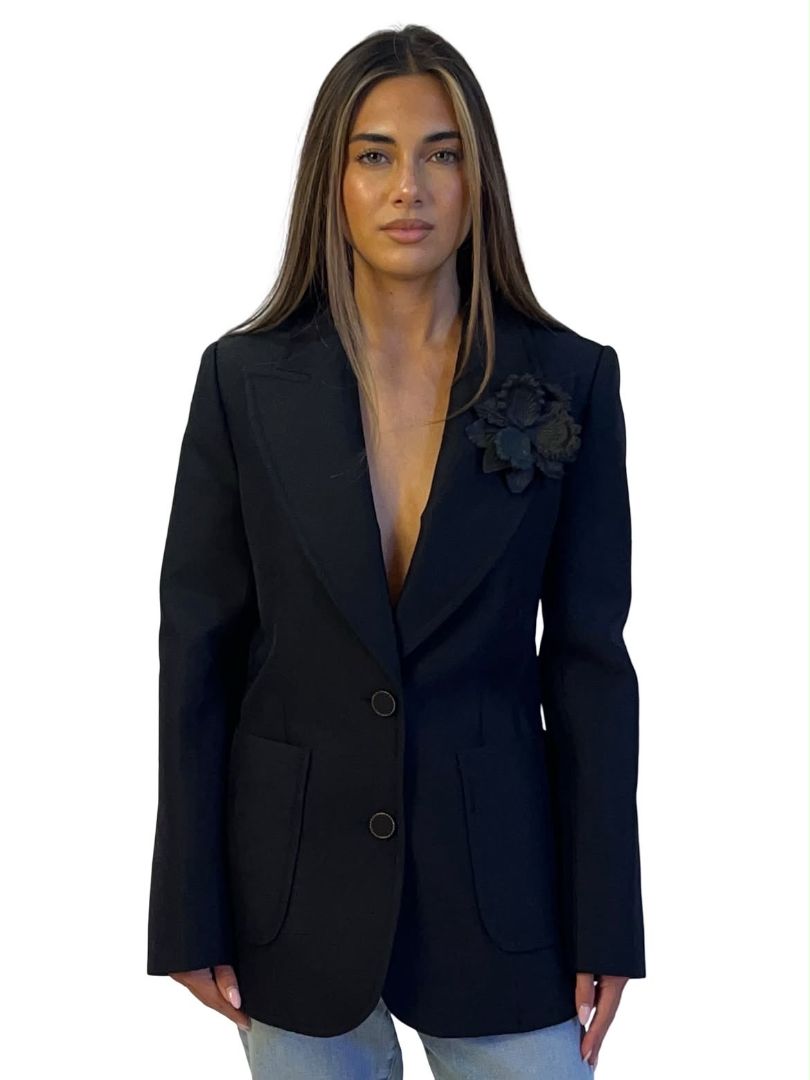 Zimmermann Black Peak Lapel Single Breasted Blazer w/ Flower Brooch. Size: 0