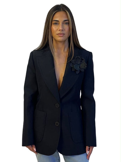 Zimmermann Black Peak Lapel Single Breasted Blazer w/ Flower Brooch. Size: 0