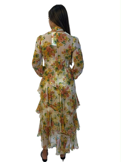 Zimmermann Green / Yellow Silk Tiered 'Citrus Stamp Floral' Dress. Size: 0