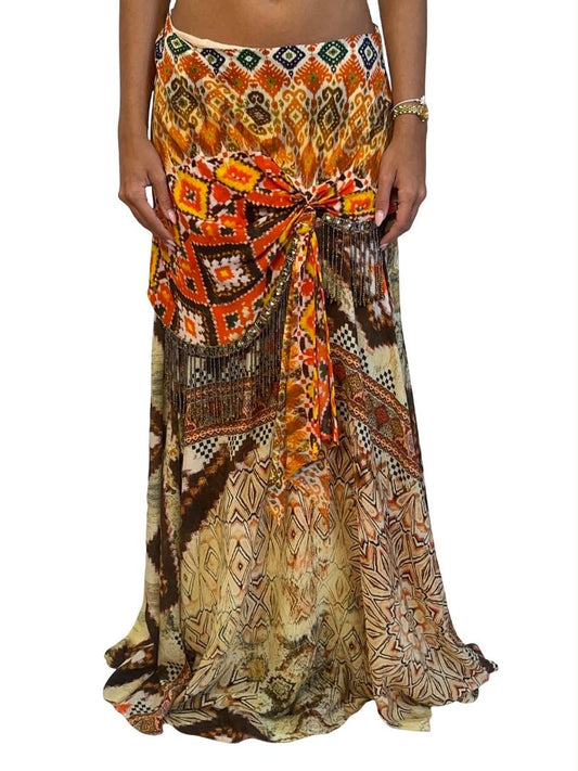 Camilla Orange / Multi-Colour Silk Skirt w Knot & Fringe Beading. Size: S