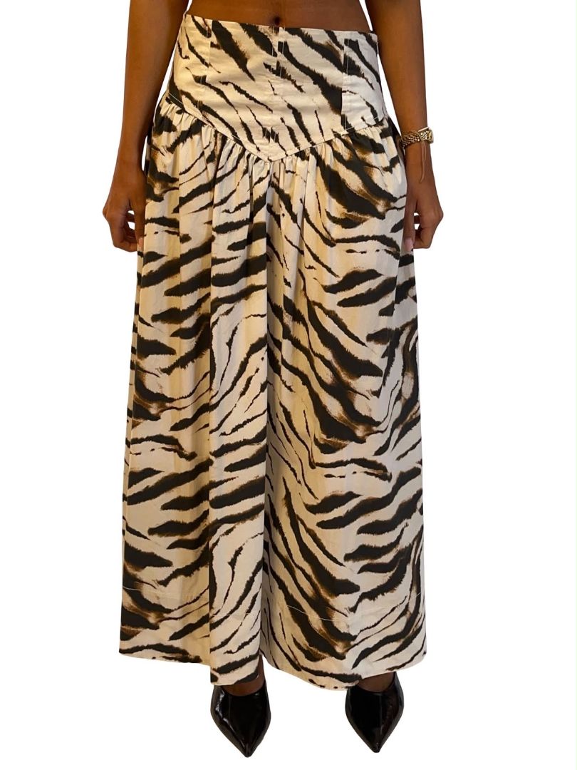 Ganni Brown Zebra Print Stretch Cotton Long Skirt. Size: 34