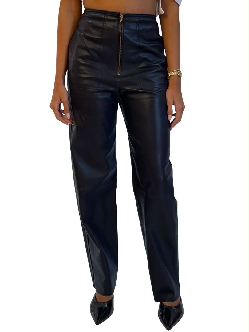 Scanlan Theodore Navy Leather Trousers w/ Front Zip. Size: 6