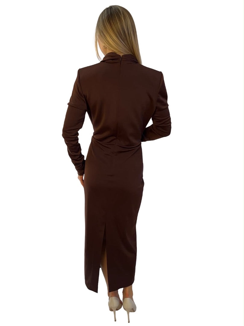 Rebecca Vallance Brown Plunging Wrap Neckline Longsleeve Dress. Size: 16