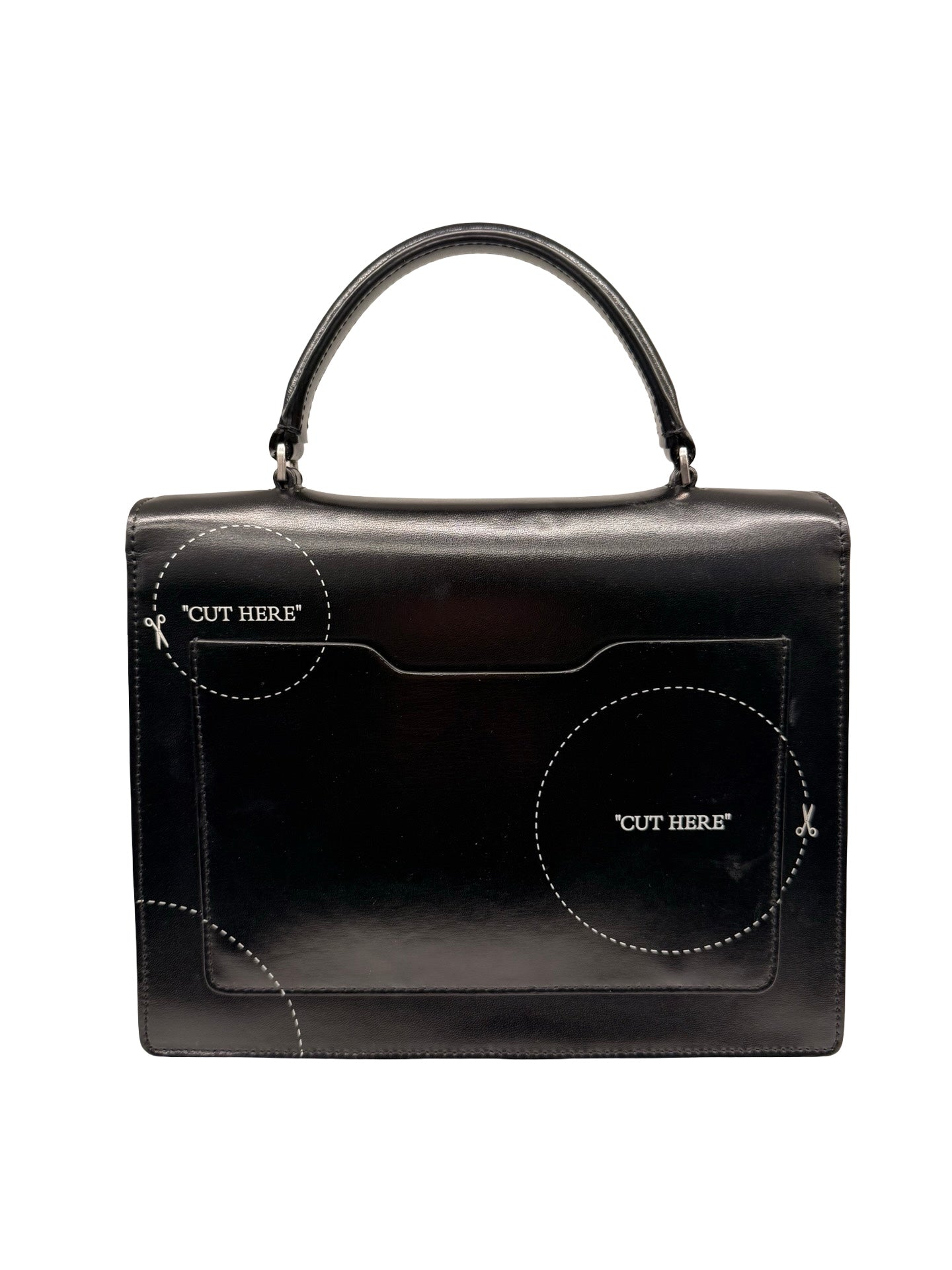 Off-White Black Leather ‘Cut Here’ Top Handle Crossbody Bag.