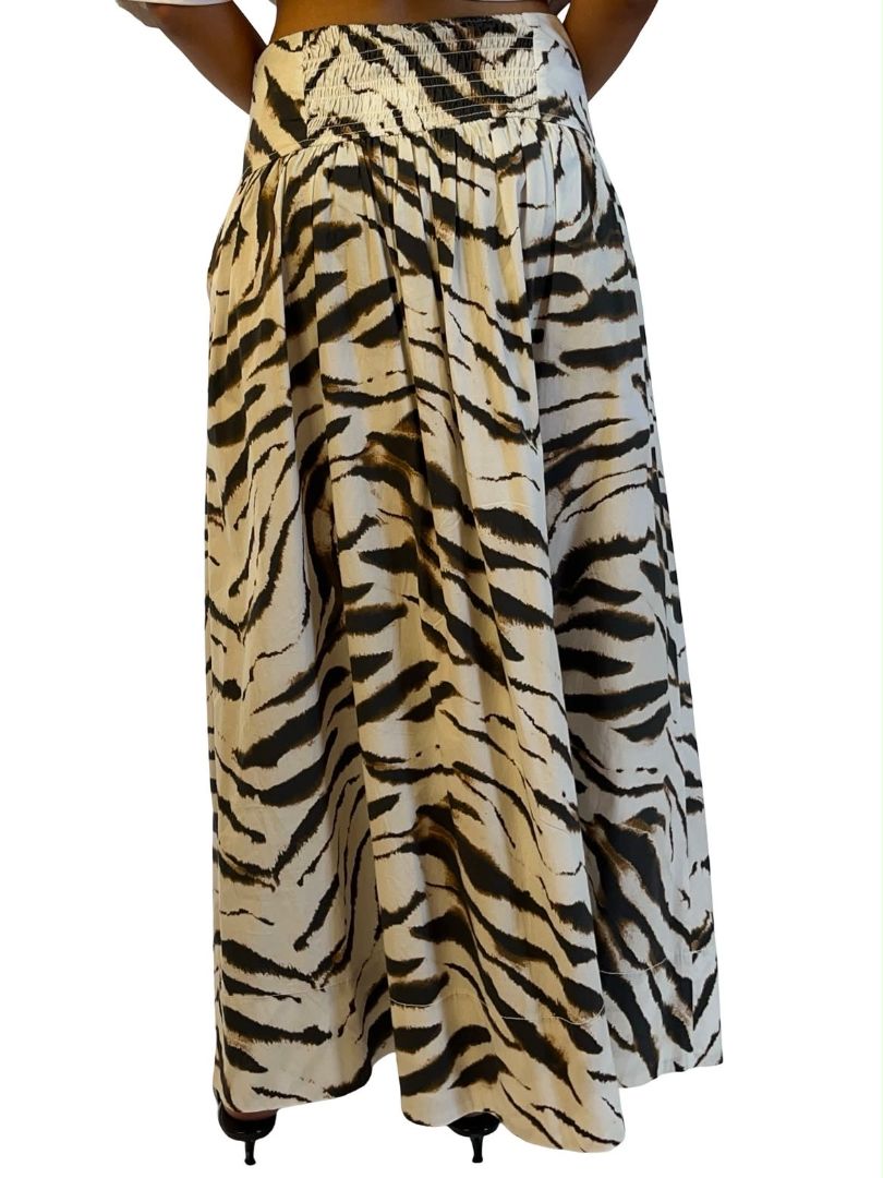 Ganni Brown Zebra Print Stretch Cotton Long Skirt. Size: 34