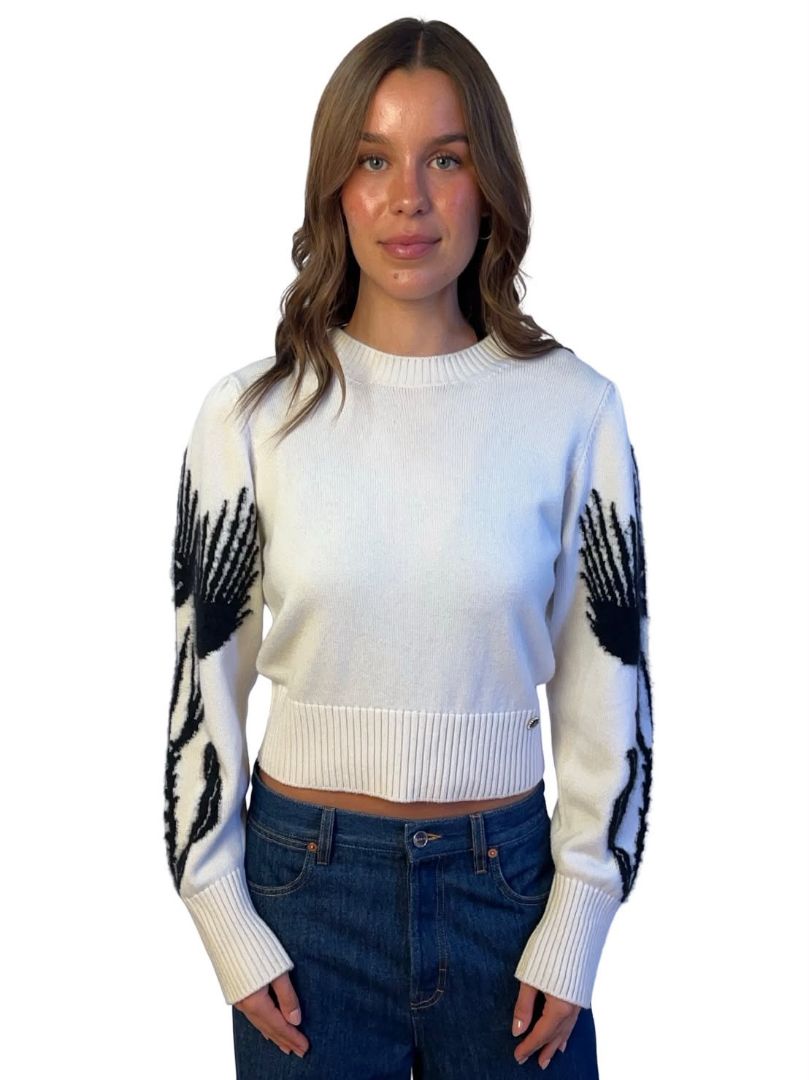 Chanel Cream/Black 2021 Cashmere Flower Sleeve Sweater. Size: 38